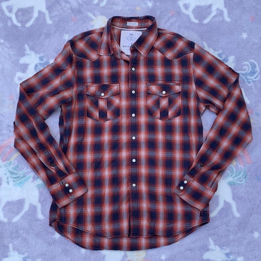 Men’s Orange and Blue Plaid Button Down Long Sleeve